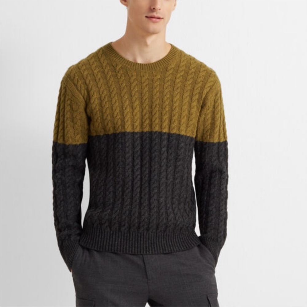 Cable Knit Lambswool Crewneck Green Gray Color Block Sweater Club Monaco Large